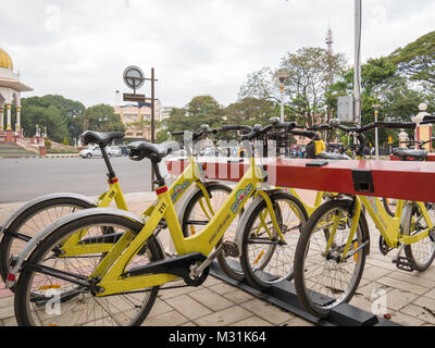 Mysore, Karnataka, India. January 11 2018. Bicycle sharing station in the city of Mysore.