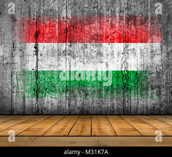 Hungary flag painted on background texture gray concrete with wooden floor Stock Photo