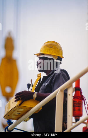 Ship cargo hold loading of fruit, bananas for export import. Stock Photo