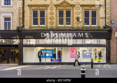 Front facade of a Debenhams department store along the High Street in Winchester February 2018, England, UK Stock Photo