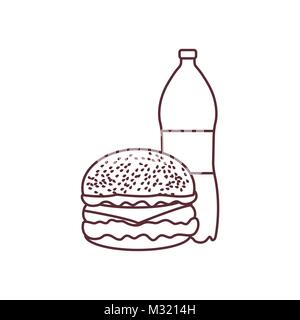 Burger and bottle of soda water. Harmful eating habits. Design for banner and print. Stock Vector