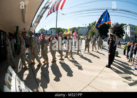 Soldiers from the 133rd Engineering Battalion and 1035th Survey and Design Team joined family and friends at the Portland Exposition Building Saturday, August 10 during a hero’s send off for the troops.  The soldiers leave soon for training in Mississippi before heading to Afghanistan where they will aid in the downsizing of bases there.  Lt. Col. Dean Preston, Commander of the 133rd addressed the concerns of the family and guardians gathered at the ceremony. “These are the heroes you built,” he said. “Be proud of the job you have done.” (Maine Army National Guard photo by Sgt. Angela Parady,  Stock Photo