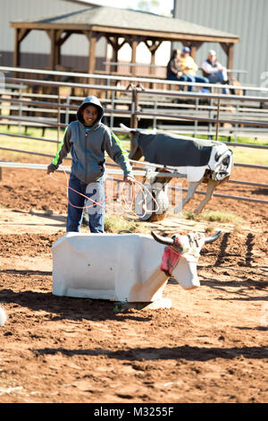 Isaac Carlson from Lawton, Okla., throws for a “legal catch” at the roping station, one of five instructional courses, set up during the Horseback Heroes event on October 19, 2013.  Isacc is the son of Chief Warrant Officer 3 Ben and Eleanor Carlson, Oklahoma Army Nationsl Guard.  Horseback Heroes is an annual event to provide the opportunity for children of Oklahoma National Guardsmen to gain hands-on experience in the daily caretaking of horses.  This year's event took place at Covey Creek Cattle Co. in Oklahoma City, Okla.  (Photo by 1st Lt. Christopher Leblo, Oklahoma National Guard Public Stock Photo