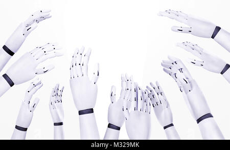 cut out of many robot handsreaching up in the air trying to grab something Stock Photo