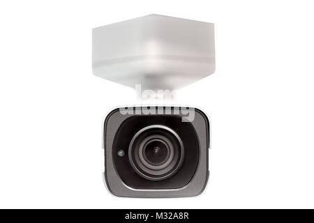 White surveillance  camera  .CCTV isolated on white. Front face lens view.  Close up. Under the dome concept. Stock Photo