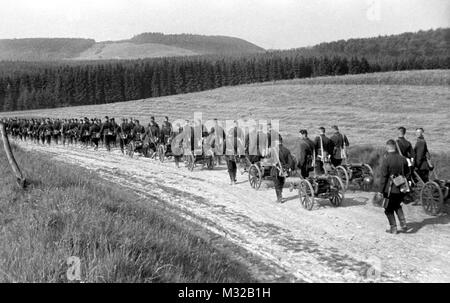 A German army unit on the road with mobile machine guns, ca. 1938. Stock Photo