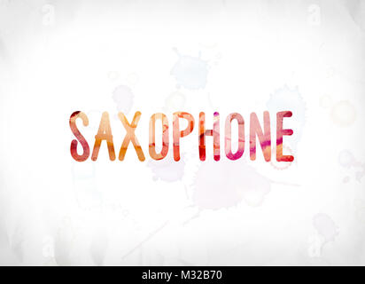 The word Saxophone concept and theme painted in colorful watercolors on a white paper background. Stock Photo