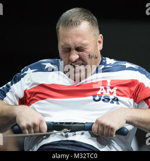 Athletes compete in Indoor Rowing during the Invictus Games in London, UK, on 13 September 2014.   FootStomp Photo/Roger L. Wollenberg Invictus Games Rowing by Air Force Wounded Warrior Stock Photo