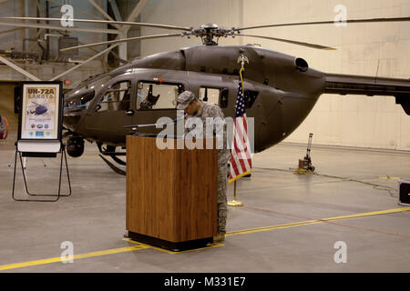 The Oklahoma Army National Guard unveiled four new UH-72A “Lakota” helicopters on Sunday, April 7, 2014. The helicopters replaced four OH-58C “Kiowa” helicopters that had been in service for more than 30 years.  The UH-72A is a twin engine platform with a single four-bladed main rotor and was designed as a light utility helicopter for the U.S. Army and the Army National Guard.  The UH-72A will significantly increase the Oklahoma National Guard’s ability to conduct emergency support missions. Its primary missions will include homeland security, disaster-response, fire fighting command and contr Stock Photo