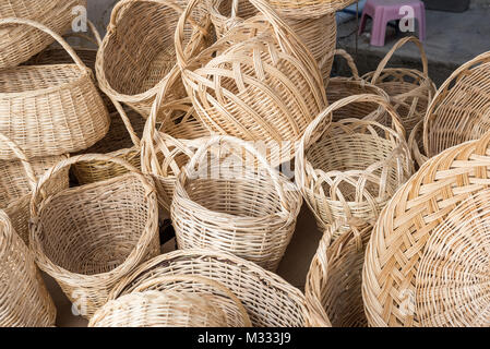 Many wooden hampers ,wickers,are sale on stall in Tarakli,Turkey Stock Photo