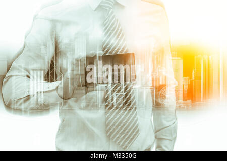 Double exposure of businessman and Hong Kong city view Stock Photo