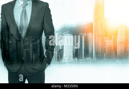 Double exposure of businessman and Hong Kong city view Stock Photo