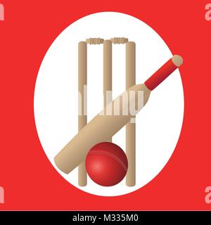 cricket set with bat ball and wickets and red oval background Stock Vector