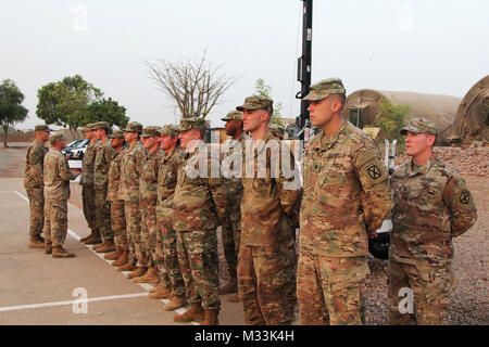 Soldiers of Task Force Darby and 1st Battalion, 87 Infantry Regiment, 1st Brigade Combat Team, 10th Mountain Division, are promoted from PFC to SPC and SPC to CPL in Garoua. TF Darby serve members are serving in a support role for the Cameroonian Military’s fight against the violent extremist organization Boko Haram.