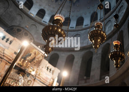 Lamps decorating the Dome of the Rotunda of the Church of the Holy Sepulchre in the Old city East Jerusalem Israel Stock Photo