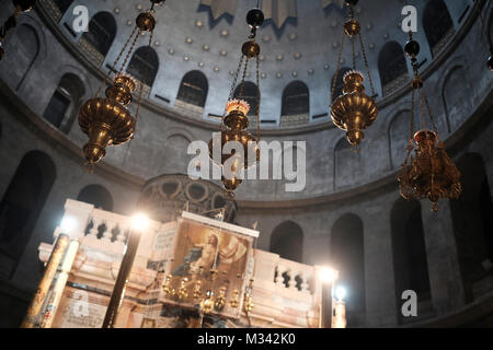 Lamps decorating the Dome of the Rotunda of the Church of the Holy Sepulchre in the Old city East Jerusalem Israel Stock Photo