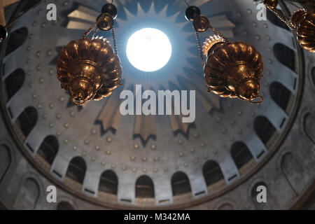 Lamps decorating the Dome of the Rotunda of the Church of the Holy Sepulchre in the Old city East Jerusalem Israel Stock Photo