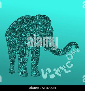 Elephant in asian style. Mandala pattern on blue gradient background. Welcome lettering. Vector illustration. Stock Vector