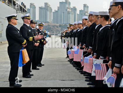 150317-N-YM720-065 BUSAN, Republic of Korea (March 17, 2015 ) Capt. Mark Benjamin, commanding officer of the submarine tender USS Frank Cable (AS 40), thanks members of the Republic of Korea navy for their hospitality during a farewell ceremony. Frank Cable conducts maintenance and support of submarines and surface vessels deployed to the U.S. 7th Fleet area of responsibility. (U.S. Navy photo by Mass Communication Specialist Seaman Allen Michael McNair/Released) USS Frank Cable Hosts Farewell Ceremony in Busan, South Korea by #PACOM Stock Photo