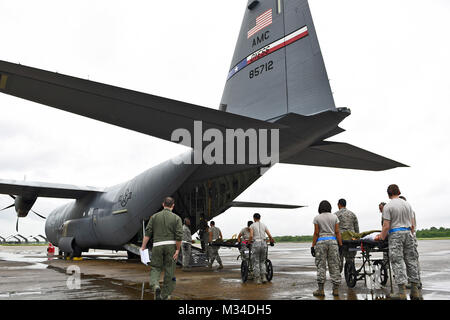 BELLE CHASSE, LA - Airmen from the 59th Medical Wing, Joint Base San Antonio-Lackland, TX, load simulated patients onto a U.S. Air Force C-130 cargo aircraft during an Ultimate Caduceus 2015 exercise at Naval Air Station Joint Reserve Base New Orleans, LA on April 16, 2015.  Ultimate Caduceus 2015 will consist of two Disaster Aeromedical Staging Facilities deployed at NAS JRB New Orleans, staff 12-hour operations and process 280 patients each day. (U.S. Air National Guard Photo by Master Sgt. Dan Farrell, 159th Fighter Wing Public Affairs Office/Released) 150416-Z-PB681-008.jpg by Louisiana Na Stock Photo