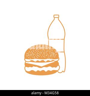 Burger and bottle of soda water. Harmful eating habits. Design for banner and print. Stock Vector