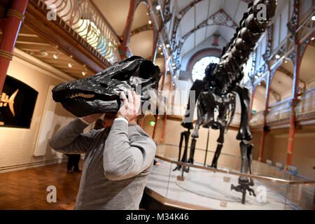 Dorset County Museum, UK. 9th February, 2018. Dippy the Diplodocus goes on display at Dorset County Museum on the first stop of a nationwide tour. The Natural History Museum's 292-piece cast of a fossilised skeleton of a Diplodocus found in 1898 will be on show until the 7th May, 2018 Credit: Finnbarr Webster/Alamy Live News Stock Photo