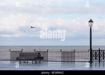 Hastings, East Sussex, UK. 9th Feb, 2018. UK Weather: The rain that has covered much of the South West arrived in Hastings, East Sussex. The wet and rainy conditions this morning are expected to last through till Saturday evening, with a few bright spells in between. A seagull passes by the Hastings pier by a wooden bench and lamp. Photo Credit: Paul Lawrenson/ Alamy Live News Stock Photo