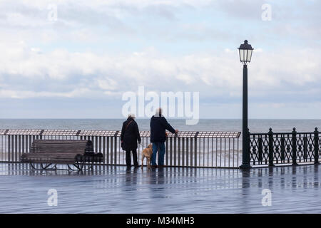 Hastings, East Sussex, UK. 9th Feb, 2018. UK Weather: The rain that has covered much of the South West arrived in Hastings, East Sussex. The wet and rainy conditions this morning are expected to last through till Saturday evening, with a few bright spells in between. An elderly couple with dog look out over the railings of the Victorian restored pier at the pretty sky. Photo Credit: Paul Lawrenson/ Alamy Live News Stock Photo