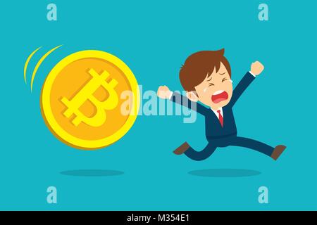 Businessman running are sad at the bitcoin price drop. Cryptocurrency market concept. Flat cartoon character design. Stock Vector