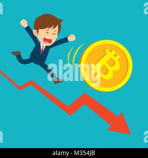 Businessman running on graphs are sad at the bitcoin price drop. Cryptocurrency market concept. Flat cartoon character design. Stock Vector