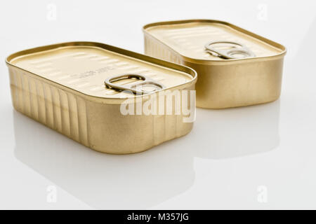 boxes of mackerel and closed sardines Stock Photo