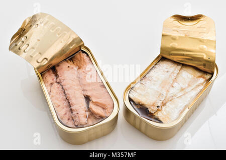 boxes of mackerel and sardines open from above 2 Stock Photo