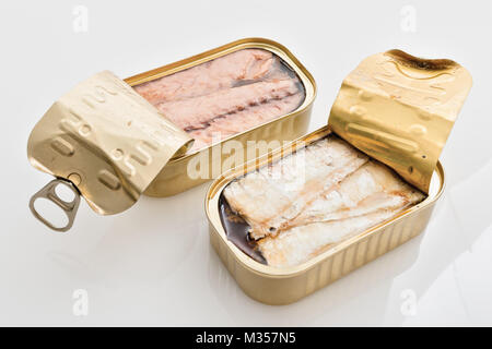 boxes of mackerel and sardines open from  above 3 Stock Photo