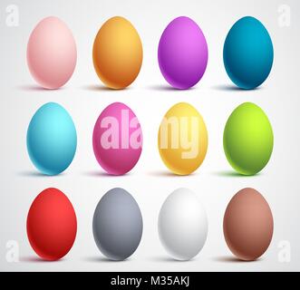 Colorful eggs vector set of elements and decoration for easter with 3D realistic effect isolated in white background. Vector illustration. Stock Vector