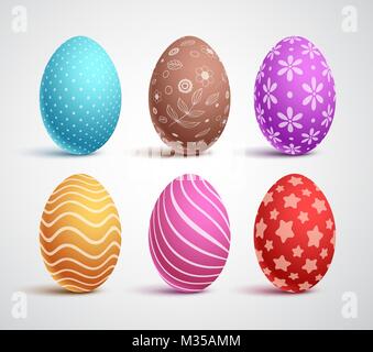 Easter eggs vector set with colors and patterns. Elements and decorations with 3D realistic effect for easter celebration isolated in white background Stock Vector
