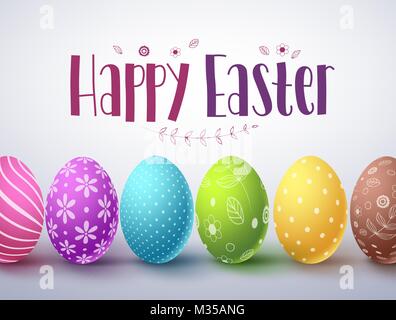 Happy easter vector design with set of colorful easter eggs elements and greeting text in white background for easter celebrations. Stock Vector