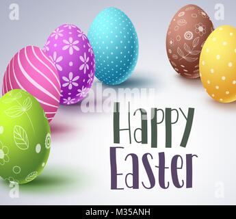 Happy easter vector banner design with colorful eggs elements and greeting text in white background. Template for easter greetings and celebration. Stock Vector