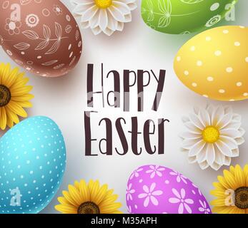 Happy easter vector background design template with greeting typography text, flowers and colorful easter eggs elements in white background for easter Stock Vector