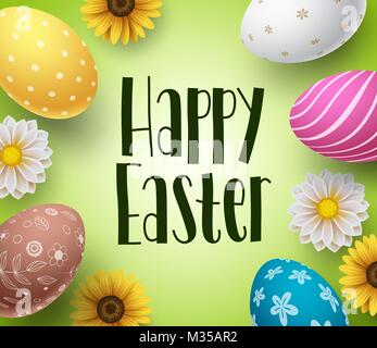 Happy easter background design template with colorful eggs and daisy flowers boarder. Easter greeting card template with text in spring background. Stock Vector