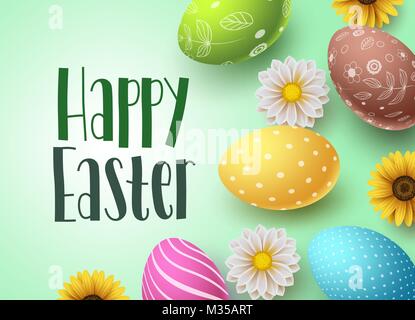 Happy easter vector background design with colorful easter eggs and daisy flowers elements. Easter greetings card template with space for text. Stock Vector