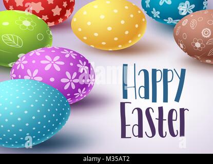 Easter eggs background design with Happy easter text and colorful eggs elements in white background. Greetings card design template with space Stock Vector