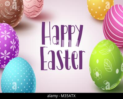 Happy easter vector banner design with colorful eggs elements and greeting text in white background. Easter greeting card design template with eggs Stock Vector