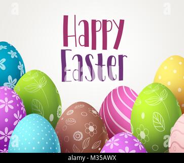 Happy easter vector background design with colorful eggs and white space for text. Greeting card template with elements and decorations for easter Stock Vector