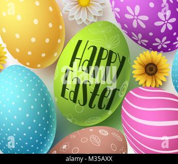 Happy easter vector banner design with colorful easter eggs, spring flowers greeting text in white background for easter celebration. Stock Vector