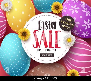 Easter sale vector banner with colorful easter eggs, flowers and sale text in white space. Easter background template design for market discount promo Stock Vector