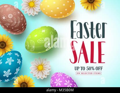 Easter sale vector banner design with colorful eggs and flowers for shopping discount promotion. Easter background template with space for text. Stock Vector