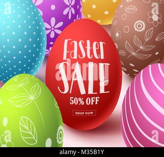 Easter sale text in red color with colorful  eggs elements in white background. Easter sale vector banner design for easter discount promotion. Stock Vector