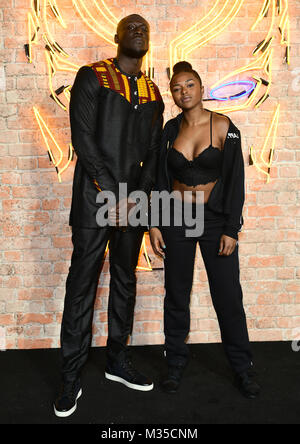 Stormzy and Nadia Rose attending The Black Panther European Premiere at The Eventim Apollo Hammersmith London. PRESS ASSOCIATION Photo. Picture date: Thursday February 8, 2018. See PA story SHOWBIZ Panther. Photo credit should read: Ian West/PA Wire Stock Photo