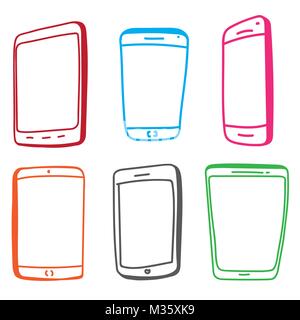 Colorful Mobile Phone and Digital Tablet Hand Drawn Vector Icon Set. Stock Vector