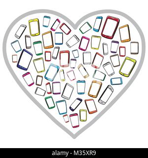 Colorful Mobile Phones & Tablet Computers With Heart Shape / Hand drawn vector illustration Stock Vector